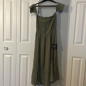 Small Olive Green Off the Shoulder Midi Dress with Slit. Size small with tags